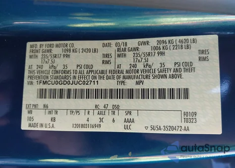 2018 Ford Escape Se z USA, uszkodzony, nr VIN 1FMCU0GD0JUC02711